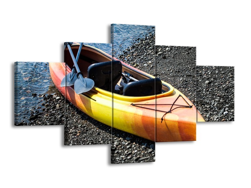 Glasschilderij Kayak, Sport | Geel, Oranje, Grijs | 125x70cm 5Luik