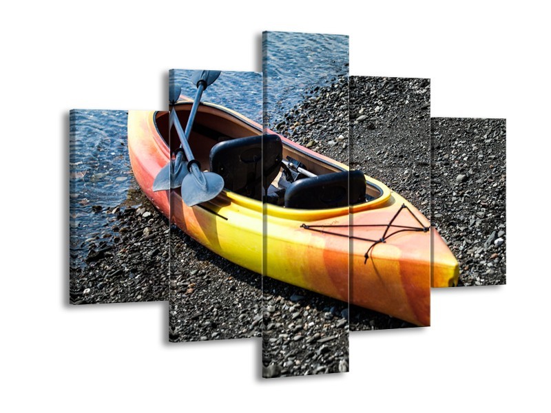 Glasschilderij Kayak, Sport | Geel, Oranje, Grijs | 150x105cm 5Luik