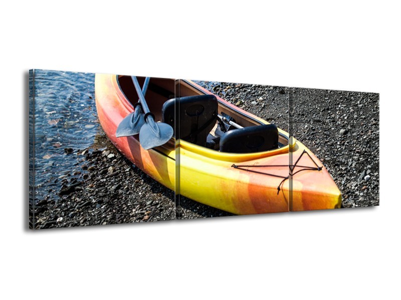 Glasschilderij Kayak, Sport | Geel, Oranje, Grijs | 150x50cm 3Luik