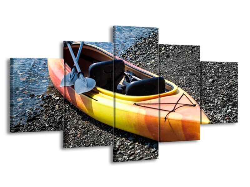 Glasschilderij Kayak, Sport | Geel, Oranje, Grijs | 150x80cm 5Luik