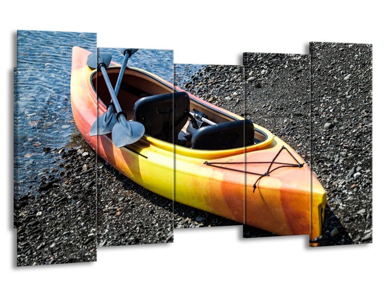 Glasschilderij Kayak, Sport | Geel, Oranje, Grijs | 150x80cm 5Luik