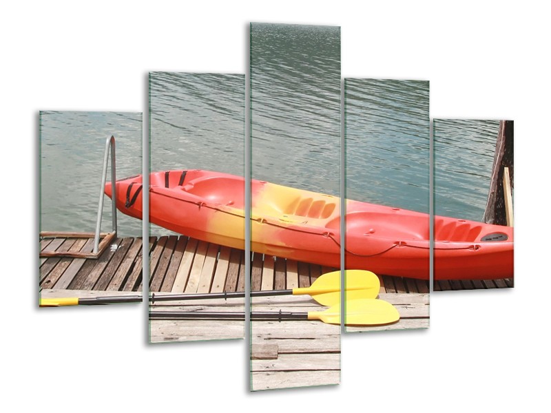Glasschilderij Boot, Water | Geel, Oranje, Grijs | 100x70cm 5Luik