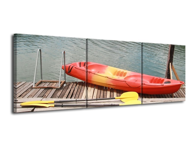 Glasschilderij Boot, Water | Geel, Oranje, Grijs | 120x40cm 3Luik