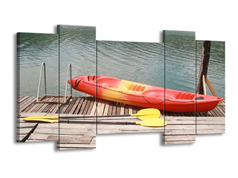Canvas Schilderij Boot, Water | Geel, Oranje, Grijs | 120x65cm 5Luik