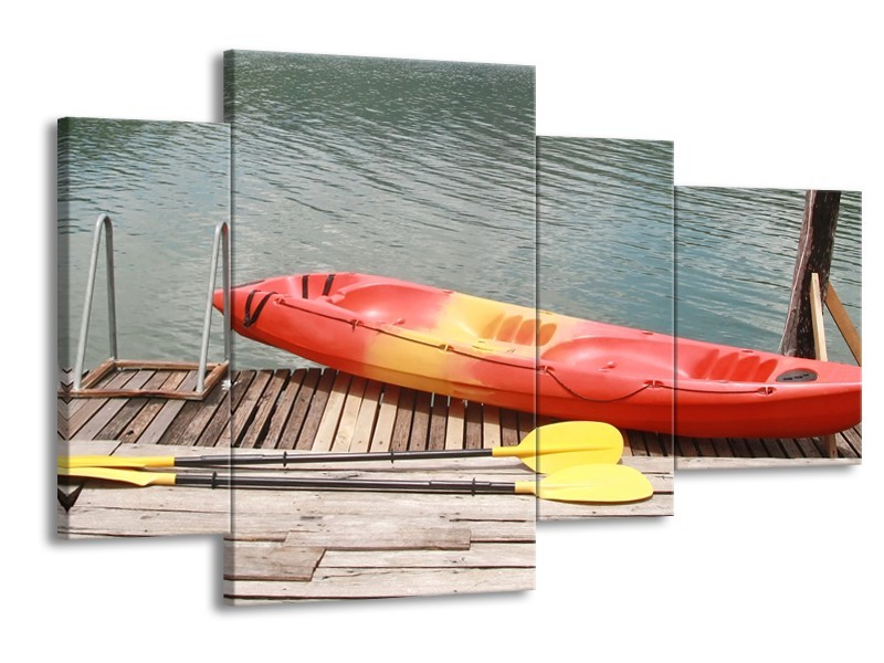 Glasschilderij Boot, Water | Geel, Oranje, Grijs | 120x75cm 4Luik