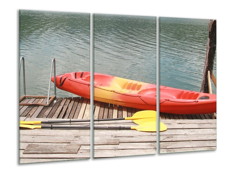 Glasschilderij Boot, Water | Geel, Oranje, Grijs | 120x80cm 3Luik