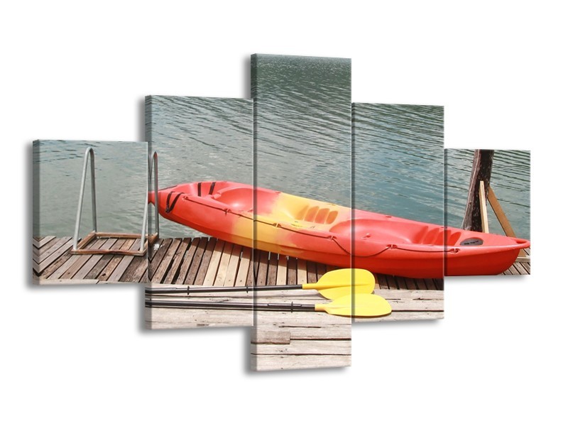 Glasschilderij Boot, Water | Geel, Oranje, Grijs | 125x70cm 5Luik