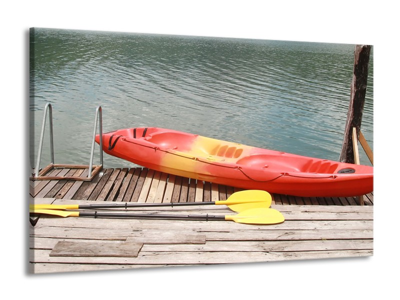 Canvas Schilderij Boot, Water | Geel, Oranje, Grijs | 140x90cm 1Luik