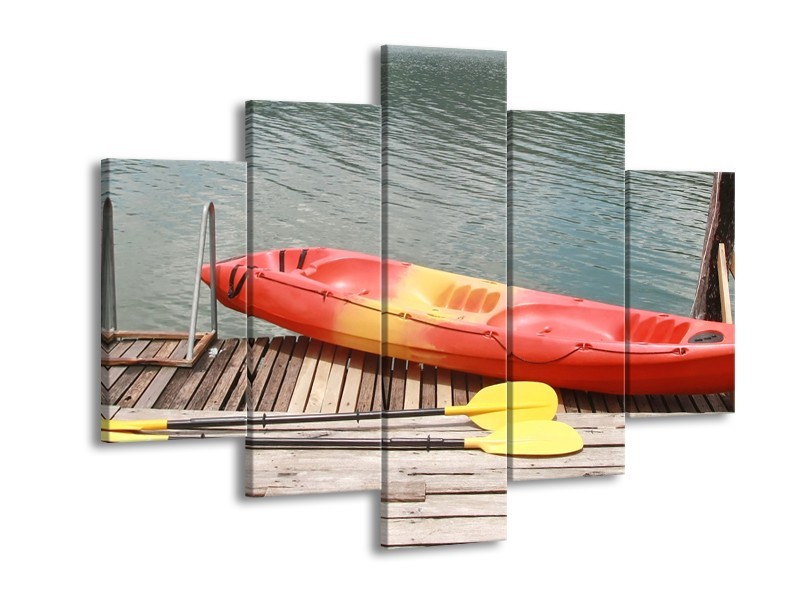 Canvas Schilderij Boot, Water | Geel, Oranje, Grijs | 150x105cm 5Luik