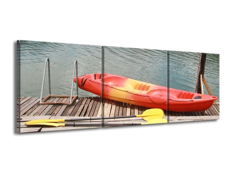 Glasschilderij Boot, Water | Geel, Oranje, Grijs | 150x50cm 3Luik