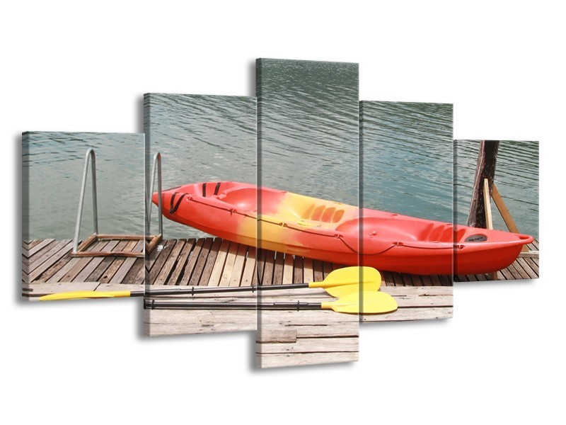 Glasschilderij Boot, Water | Geel, Oranje, Grijs | 150x80cm 5Luik