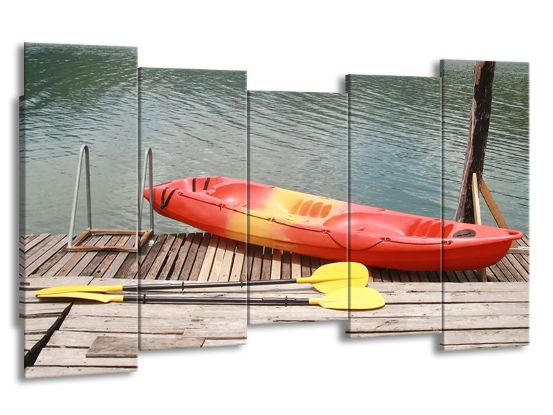 Canvas Schilderij Boot, Water | Geel, Oranje, Grijs | 150x80cm 5Luik
