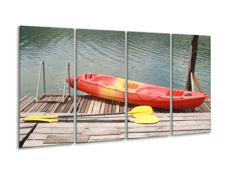 Canvas Schilderij Boot, Water | Geel, Oranje, Grijs | 160x80cm 4Luik