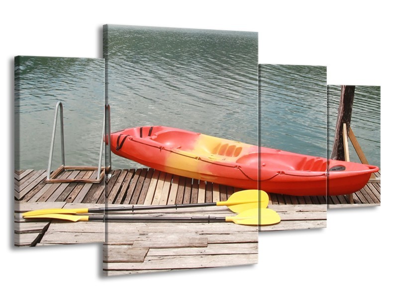 Canvas Schilderij Boot, Water | Geel, Oranje, Grijs | 160x90cm 4Luik