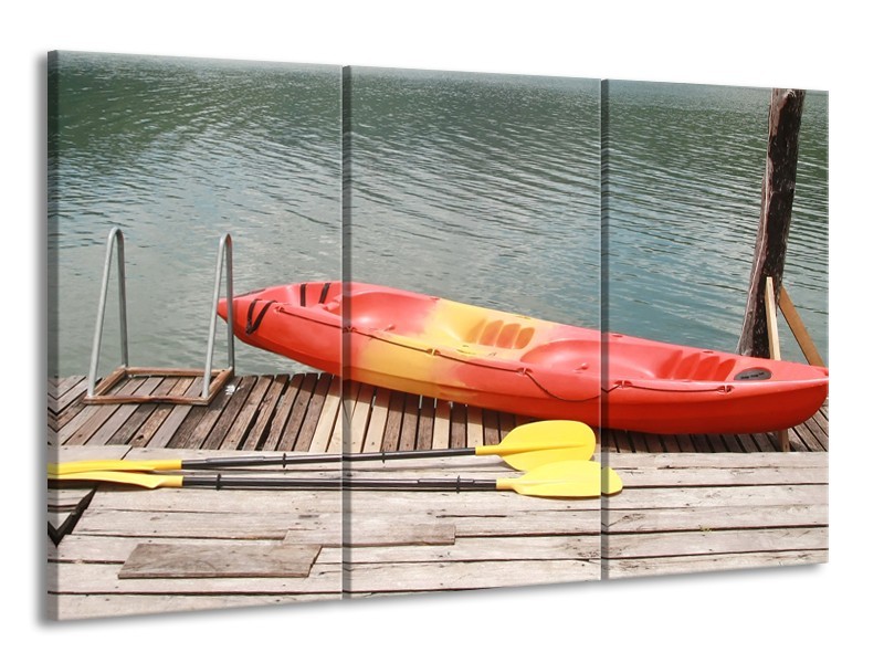 Glasschilderij Boot, Water | Geel, Oranje, Grijs | 165x100cm 3Luik