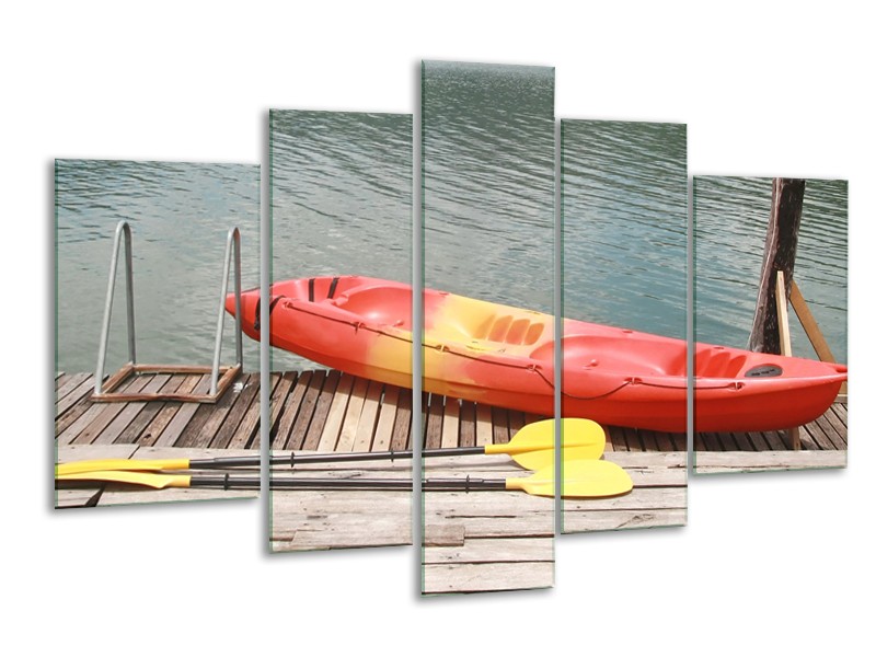 Canvas Schilderij Boot, Water | Geel, Oranje, Grijs | 170x100cm 5Luik