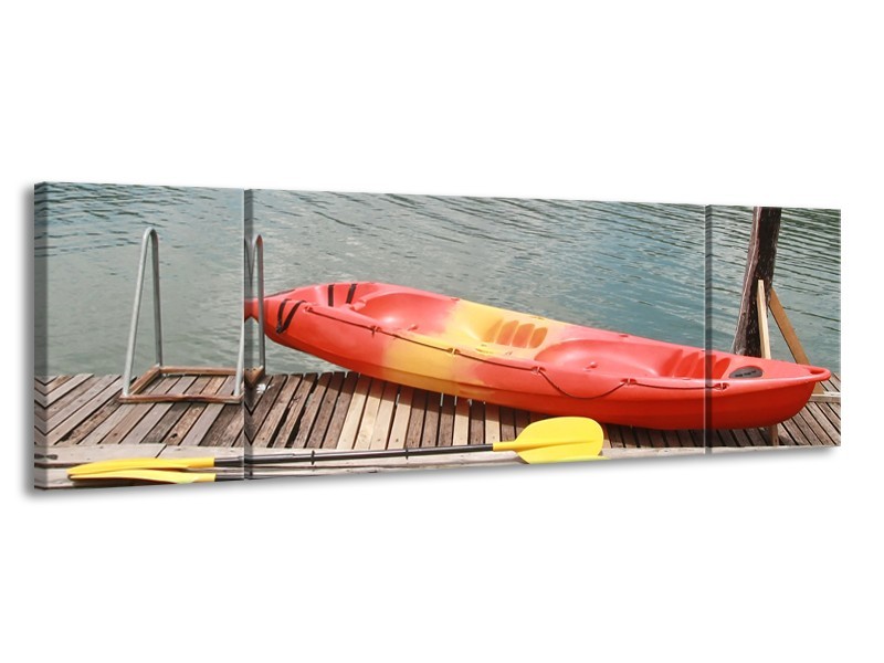 Glasschilderij Boot, Water | Geel, Oranje, Grijs | 170x50cm 3Luik