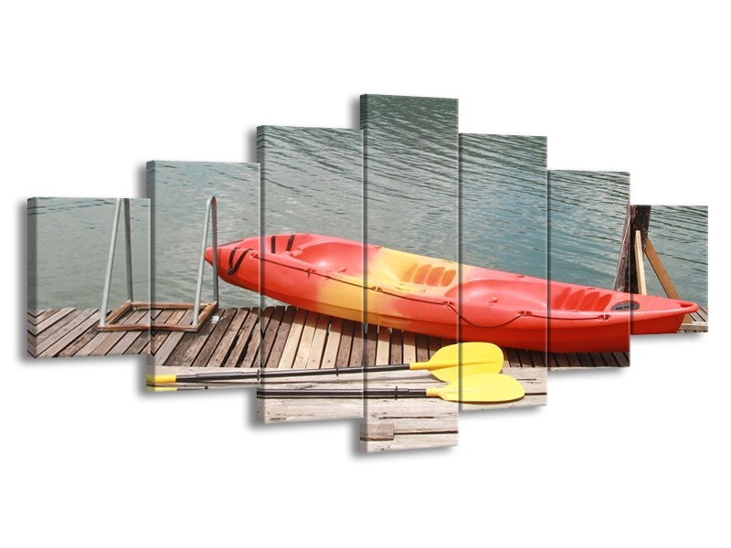 Canvas Schilderij Boot, Water | Geel, Oranje, Grijs | 210x100cm 7Luik
