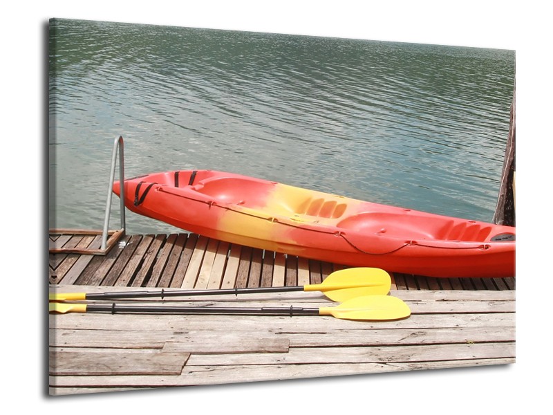 Glasschilderij Boot, Water | Geel, Oranje, Grijs | 70x50cm 1Luik