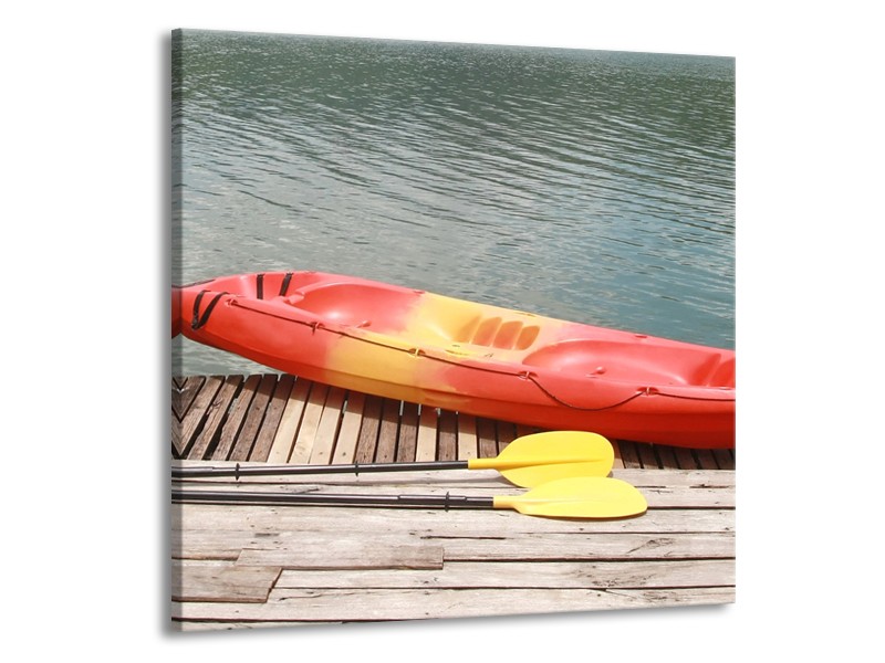 Glasschilderij Boot, Water | Geel, Oranje, Grijs | 70x70cm 1Luik