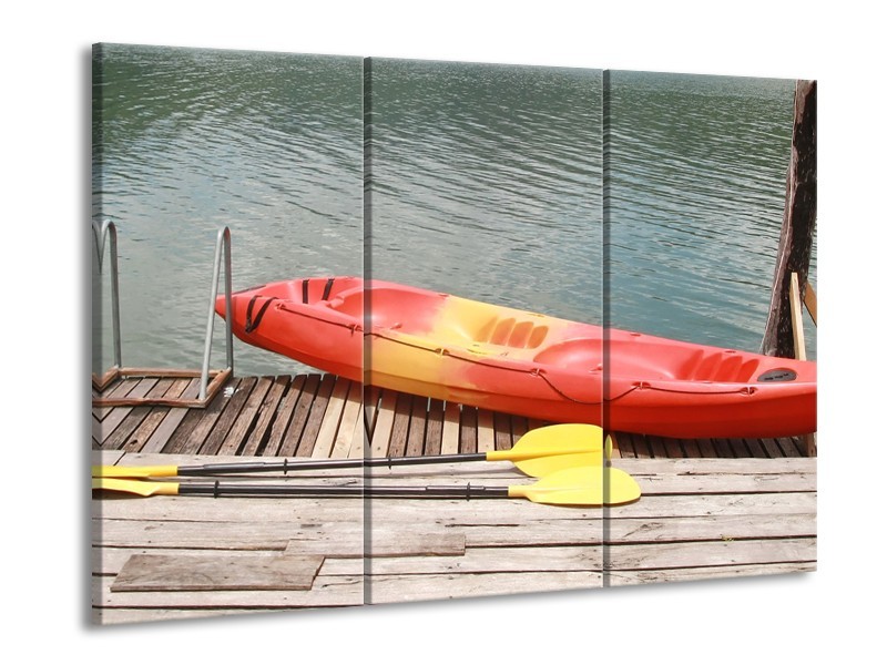 Glasschilderij Boot, Water | Geel, Oranje, Grijs | 60x90cm 3Luik