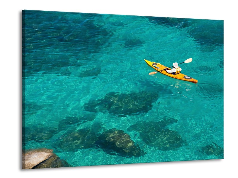 Glasschilderij Kayak, Sport | Turquoise, Geel, Groen | 100x70cm 1Luik