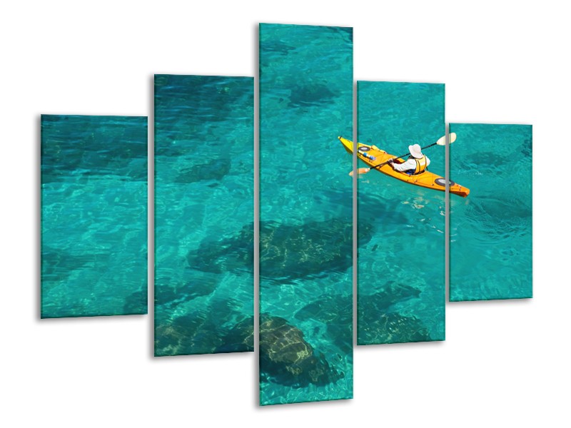 Glasschilderij Kayak, Sport | Turquoise, Geel, Groen | 100x70cm 5Luik