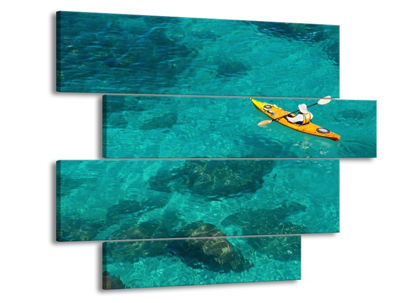 Glasschilderij Kayak, Sport | Turquoise, Geel, Groen | 115x85cm 4Luik