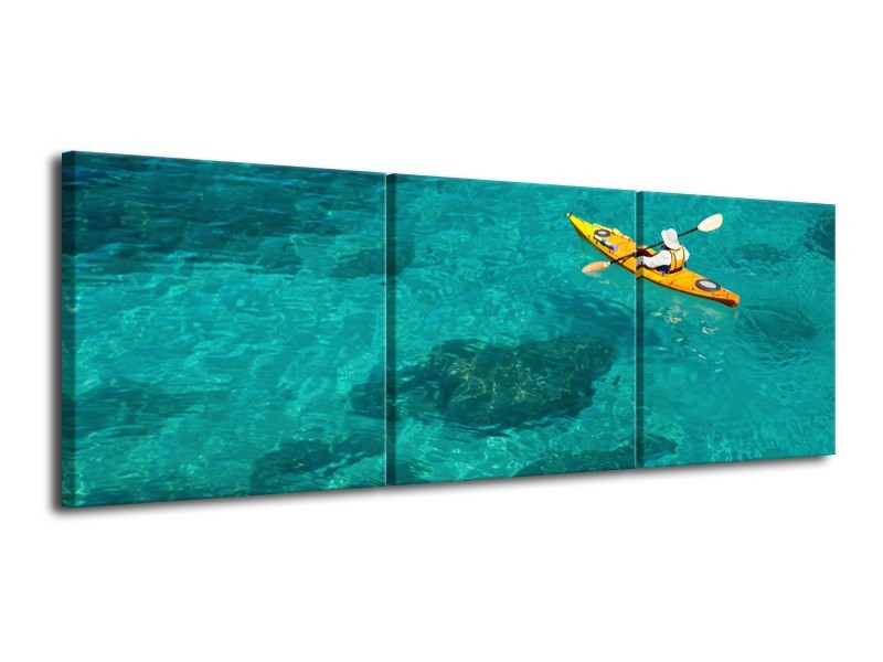 Glasschilderij Kayak, Sport | Turquoise, Geel, Groen | 120x40cm 3Luik