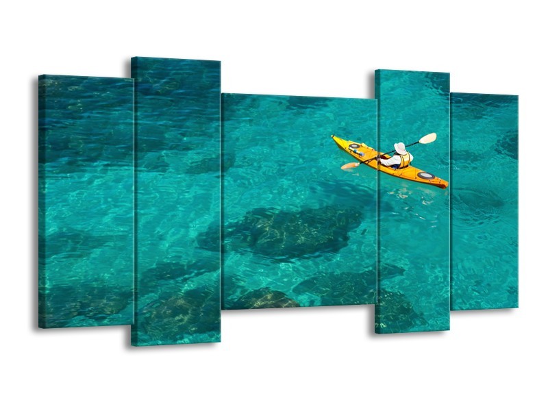 Glasschilderij Kayak, Sport | Turquoise, Geel, Groen | 120x65cm 5Luik