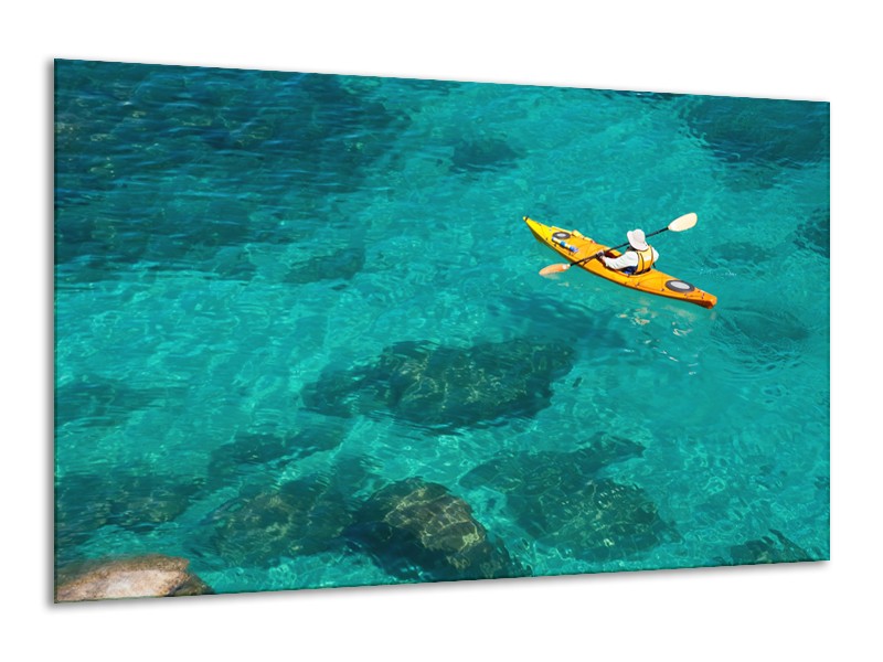 Glasschilderij Kayak, Sport | Turquoise, Geel, Groen | 120x70cm 1Luik