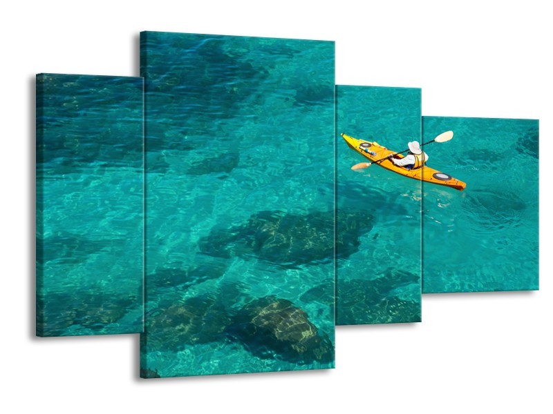 Canvas Schilderij Boot, Sport | Turquoise, Geel, Groen | 120x75cm 4Luik