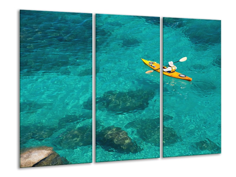 Glasschilderij Kayak, Sport | Turquoise, Geel, Groen | 120x80cm 3Luik