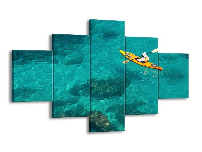 Glasschilderij Kayak, Sport | Turquoise, Geel, Groen | 125x70cm 5Luik