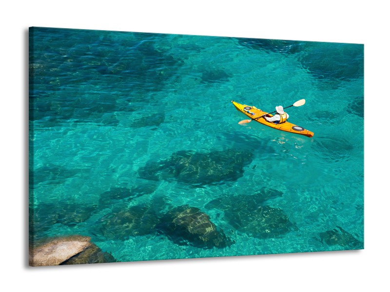 Glasschilderij Kayak, Sport | Turquoise, Geel, Groen | 140x90cm 1Luik