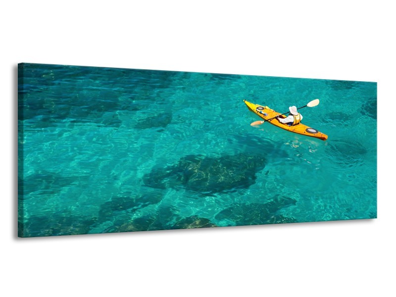 Glasschilderij Kayak, Sport | Turquoise, Geel, Groen | 145x58cm 1Luik