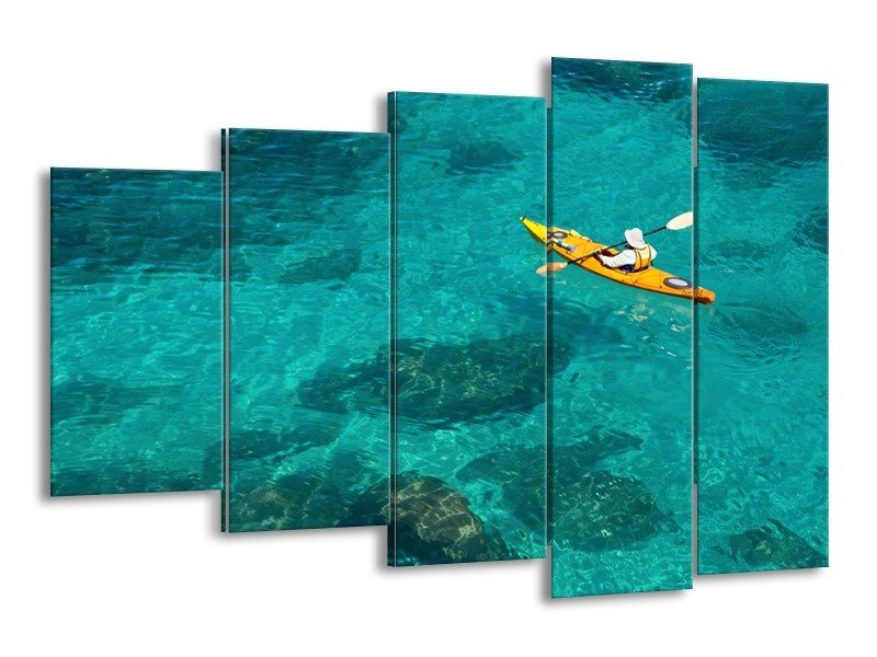 Glasschilderij Kayak, Sport | Turquoise, Geel, Groen | 150x100cm 5Luik