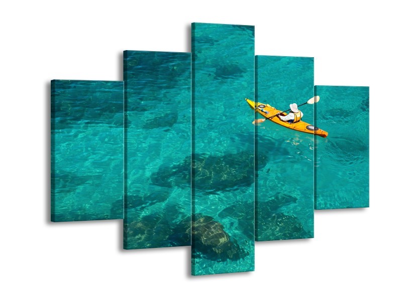 Glasschilderij Kayak, Sport | Turquoise, Geel, Groen | 150x105cm 5Luik