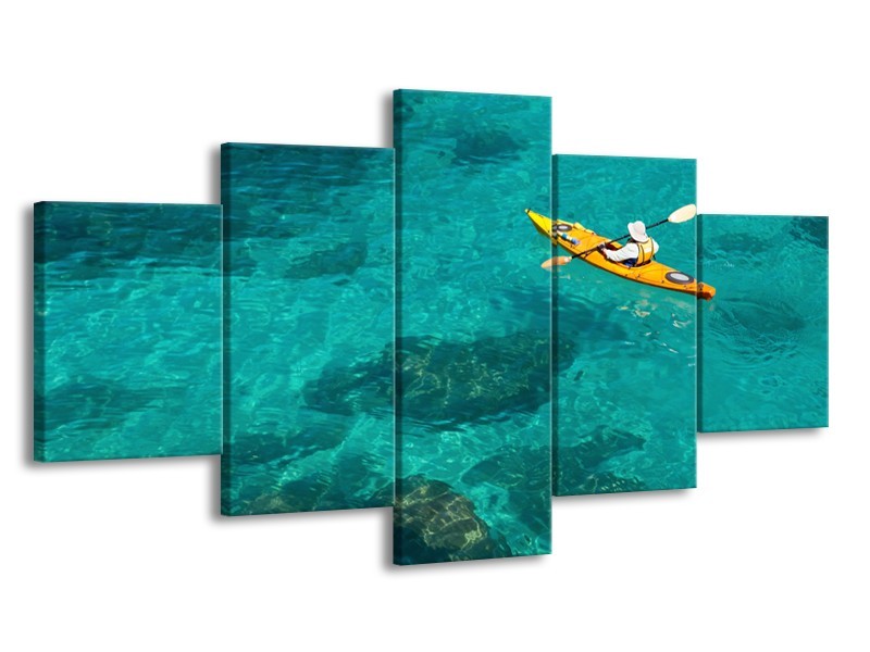 Glasschilderij Kayak, Sport | Turquoise, Geel, Groen | 150x80cm 5Luik
