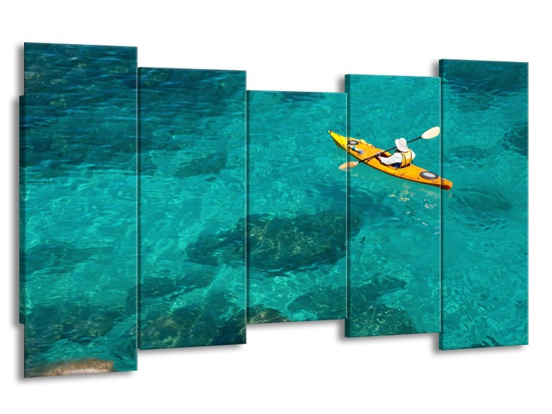 Glasschilderij Kayak, Sport | Turquoise, Geel, Groen | 150x80cm 5Luik