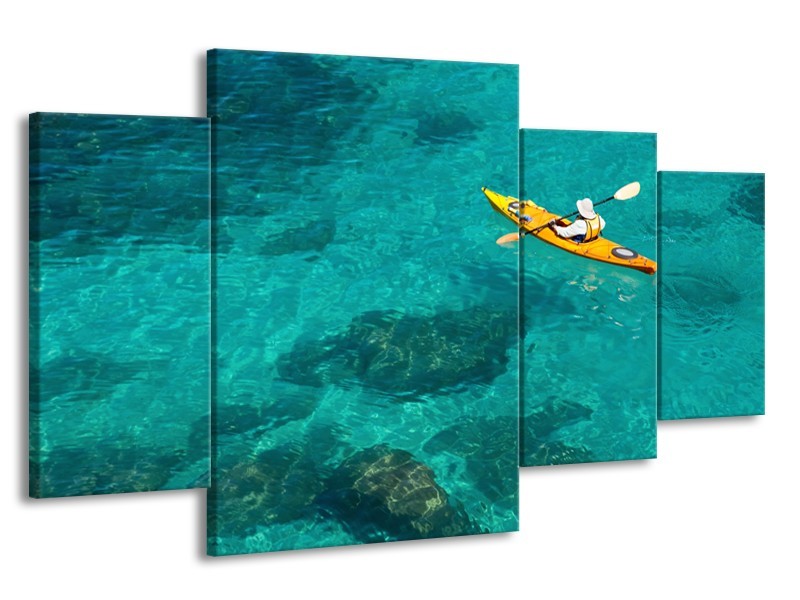Glasschilderij Kayak, Sport | Turquoise, Geel, Groen | 160x90cm 4Luik