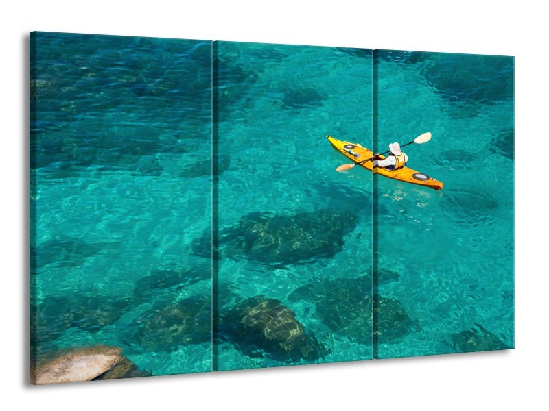 Glasschilderij Kayak, Sport | Turquoise, Geel, Groen | 165x100cm 3Luik