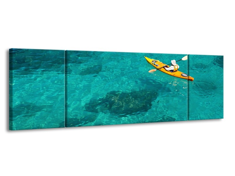 Glasschilderij Kayak, Sport | Turquoise, Geel, Groen | 170x50cm 3Luik