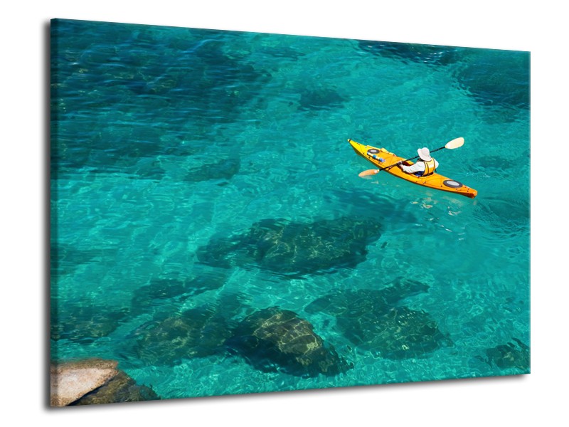 Glasschilderij Kayak, Sport | Turquoise, Geel, Groen | 70x50cm 1Luik