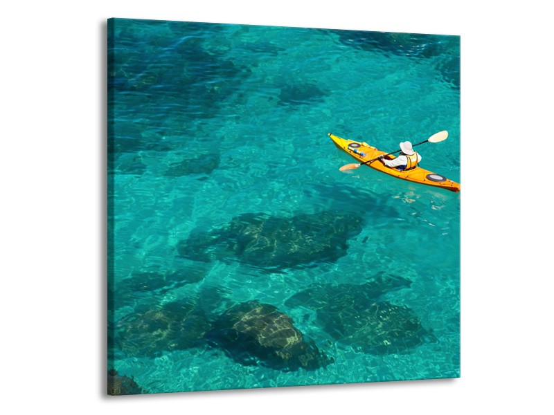 Glasschilderij Kayak, Sport | Turquoise, Geel, Groen | 70x70cm 1Luik