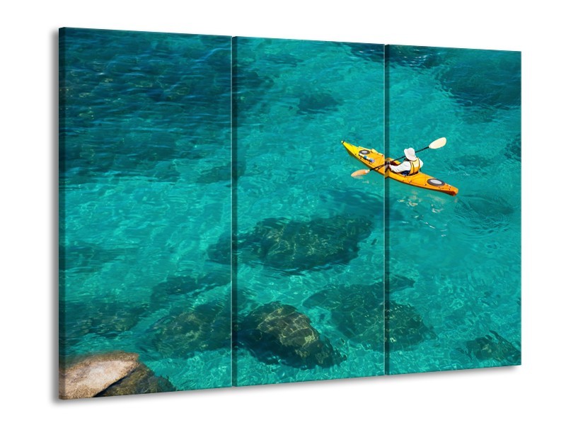 Glasschilderij Kayak, Sport | Turquoise, Geel, Groen | 60x90cm 3Luik