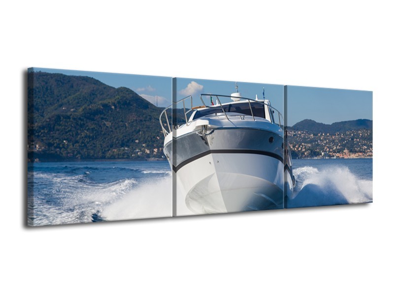 Canvas Schilderij Boot, Water | Grijs, Wit, Blauw | 120x40cm 3Luik