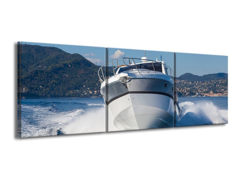 Canvas Schilderij Boot, Water | Grijs, Wit, Blauw | 150x50cm 3Luik