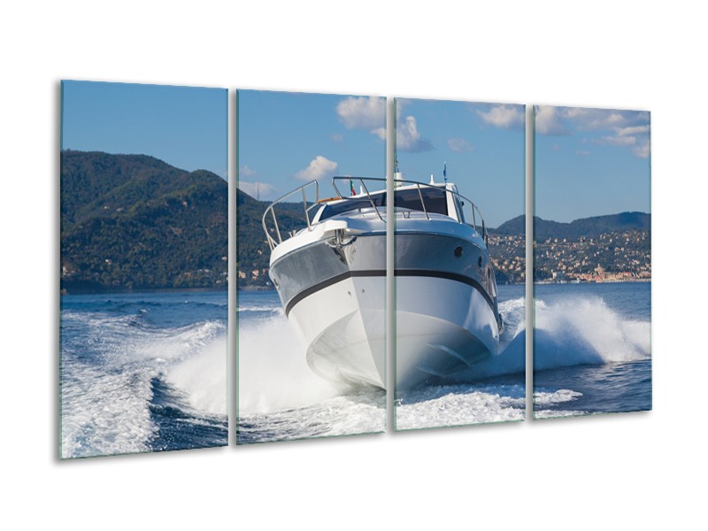 Canvas Schilderij Boot, Water | Grijs, Wit, Blauw | 160x80cm 4Luik