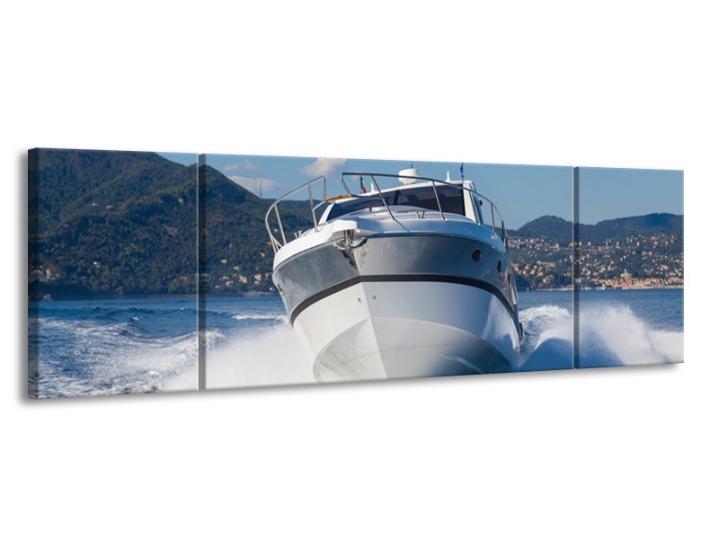 Glasschilderij Boot, Water | Grijs, Wit, Blauw | 170x50cm 3Luik